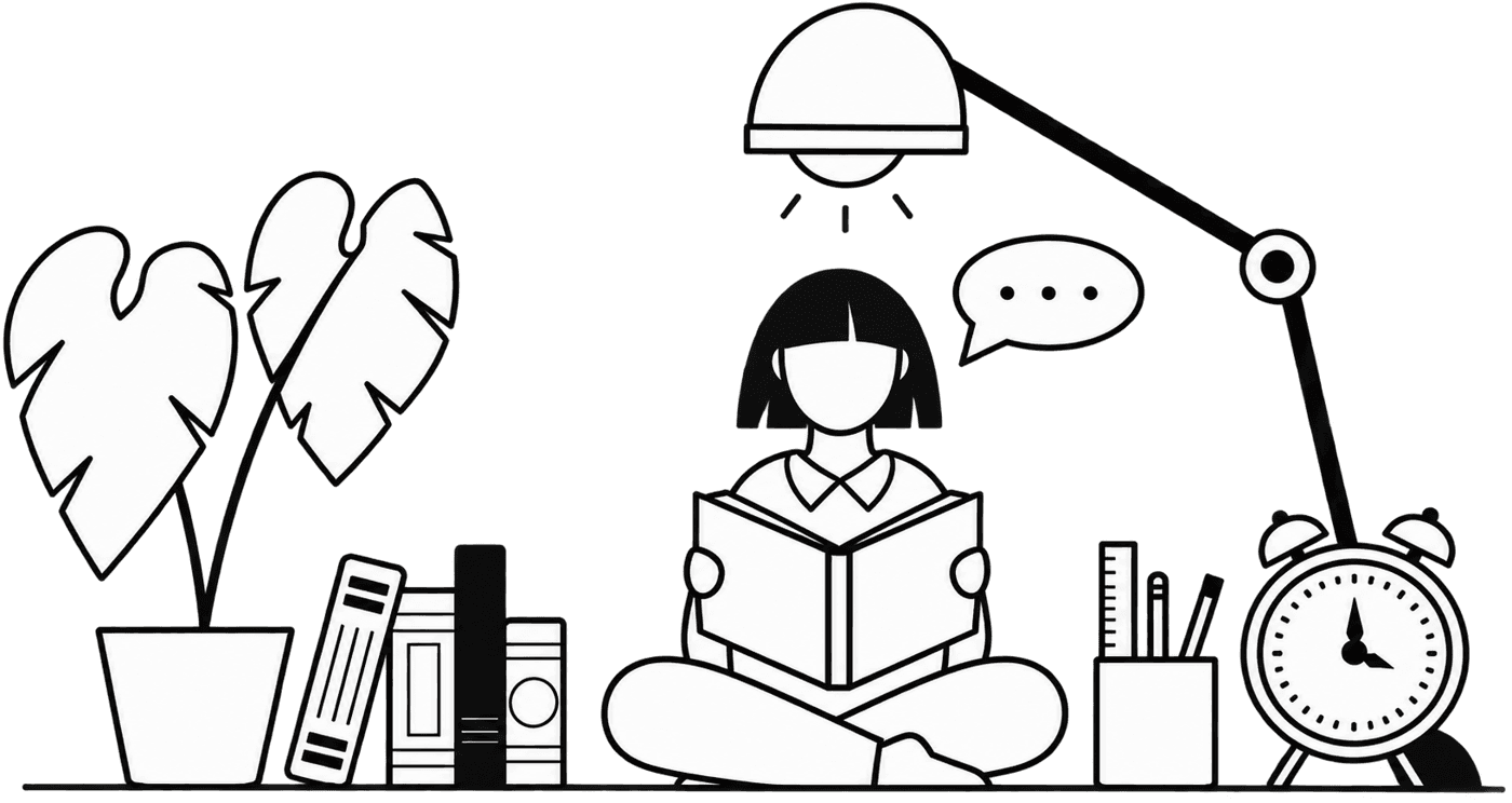 A student sitting cross-legged reading a book at a desk with a plant, books, a lamp and a clock